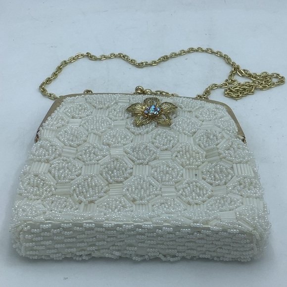White Beaded Evening Bag with Gold Chain and Bejeweled  Flower - Picture 2 of 14